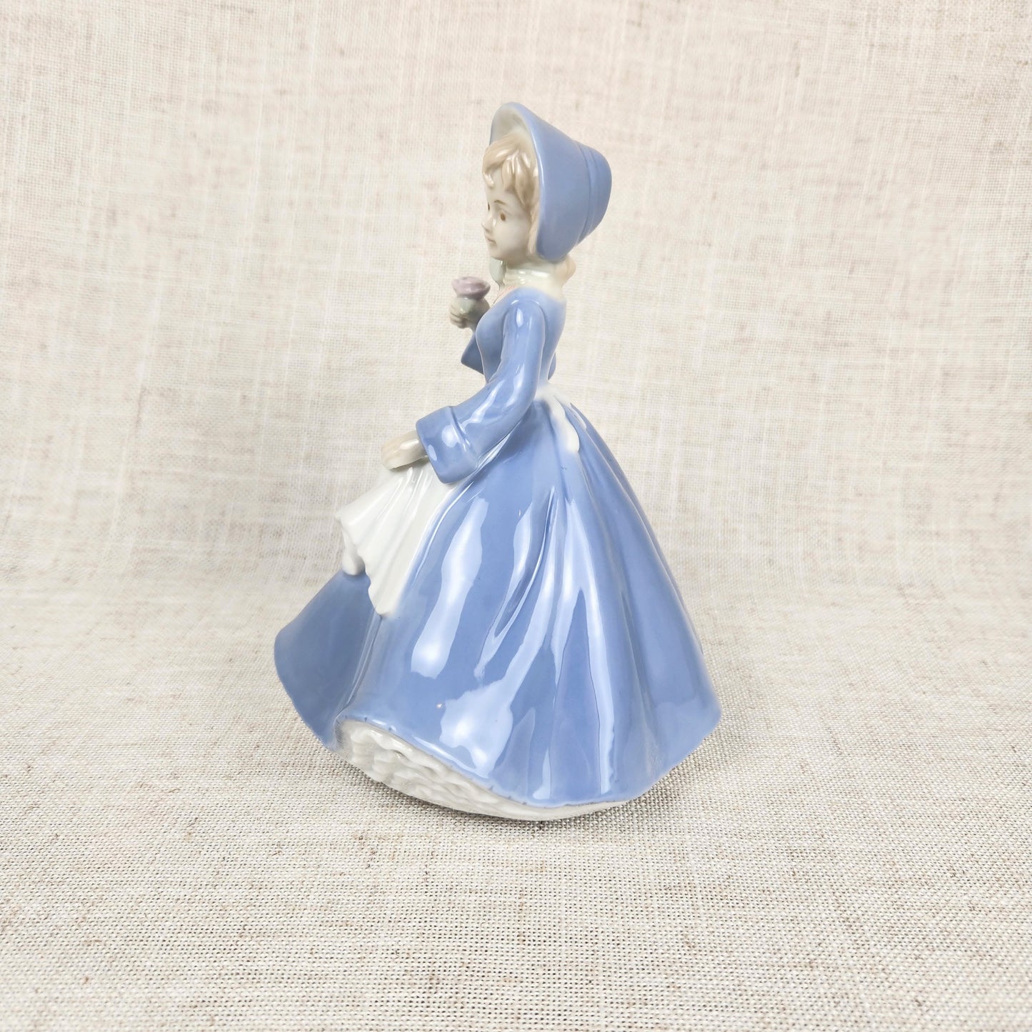 Vintage Made in Japan Porcelain Music Box Figurine | Girl in Blue Dress Holding Rose