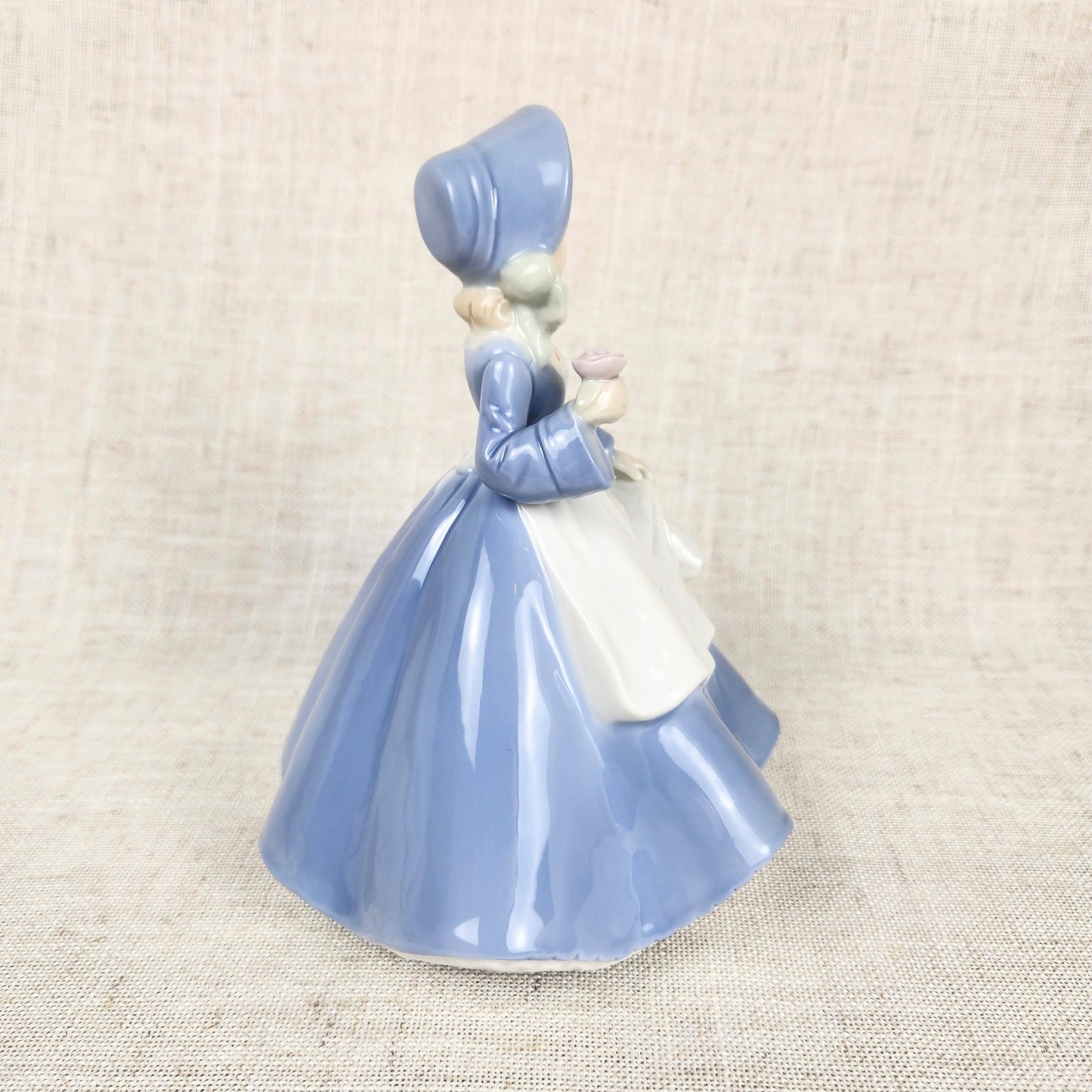 Vintage Made in Japan Porcelain Music Box Figurine | Girl in Blue Dress Holding Rose