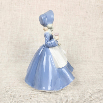 Vintage Made in Japan Porcelain Music Box Figurine | Girl in Blue Dress Holding Rose