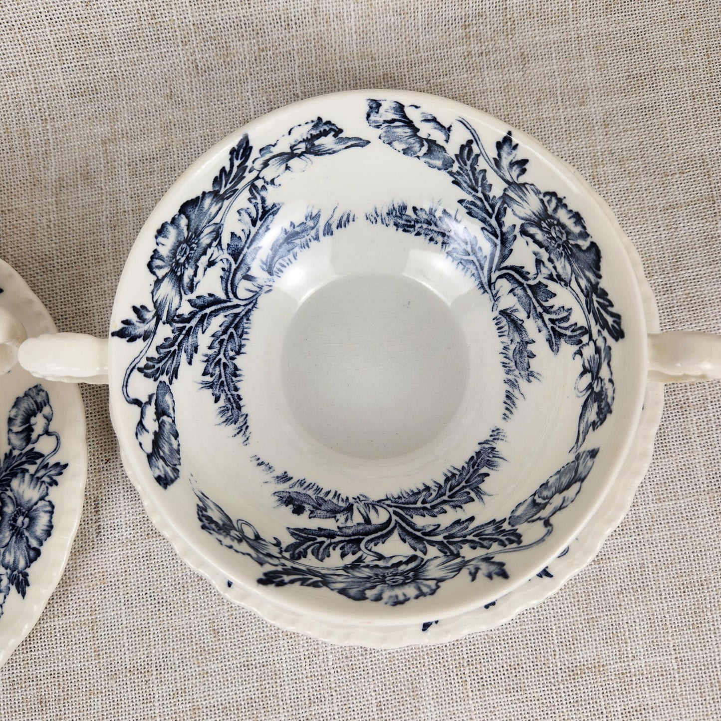 Antique Grindley England Blue Floral Transferware Cream Soup Bowl with Underplate