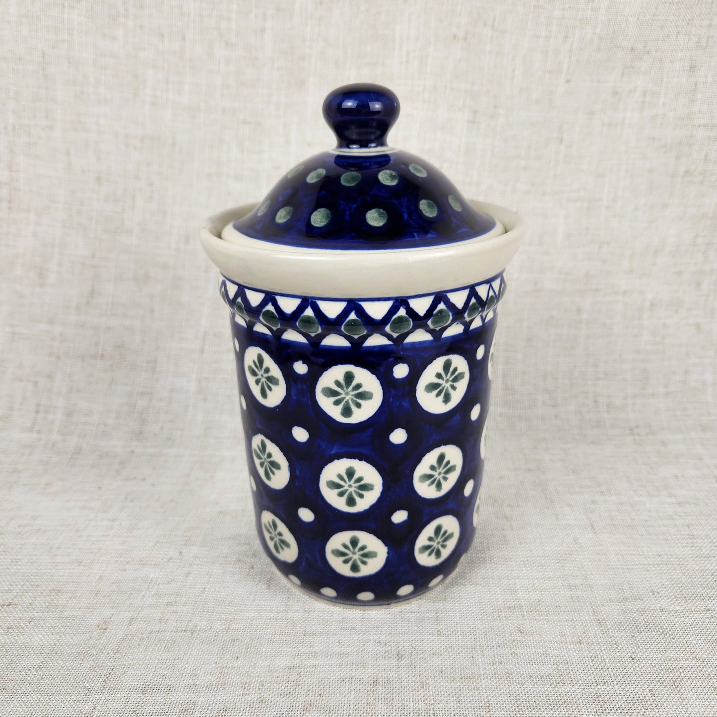 Vintage Bolesławiec Polish Pottery Canister with Lid | Handmade in Poland Blue & White Floral Stoneware Jar