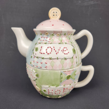 Taryn Reece Stacking Tea for One Set | Patchwork Teapot and Cup | Love & Hope Pastel Ceramic Tea Set