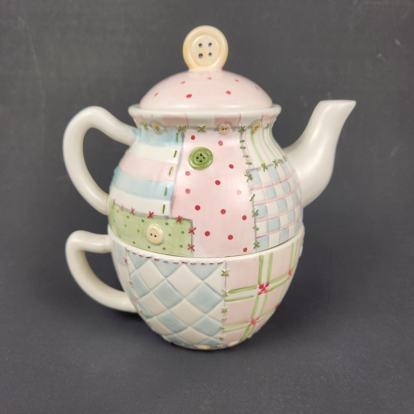 Taryn Reece Stacking Tea for One Set | Patchwork Teapot and Cup | Love & Hope Pastel Ceramic Tea Set