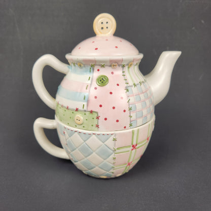 Taryn Reece Stacking Tea for One Set | Patchwork Teapot and Cup | Love & Hope Pastel Ceramic Tea Set