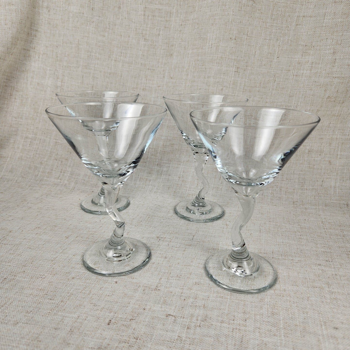 Twisted Stem Martini Glasses Set of 4 | Postmodern Cocktail Glasses | Retro Barware | Sculptural Stemware | Y2K Martini Set