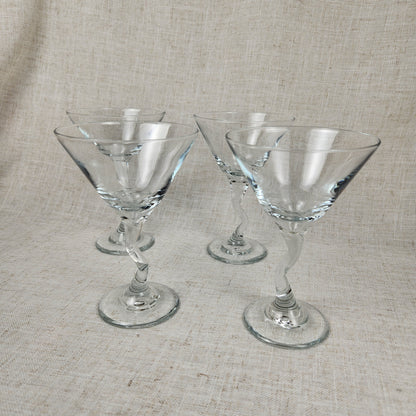 Twisted Stem Martini Glasses Set of 4 | Postmodern Cocktail Glasses | Retro Barware | Sculptural Stemware | Y2K Martini Set