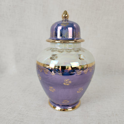 Vintage Kudo Toki Fancy China Ginger Jar | Lavender Lusterware Porcelain Urn with Lid Gold Trim 10.5"
