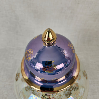 Vintage Kudo Toki Fancy China Ginger Jar | Lavender Lusterware Porcelain Urn with Lid Gold Trim 10.5"