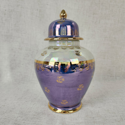 Vintage Kudo Toki Fancy China Ginger Jar | Lavender Lusterware Porcelain Urn with Lid Gold Trim 10.5"
