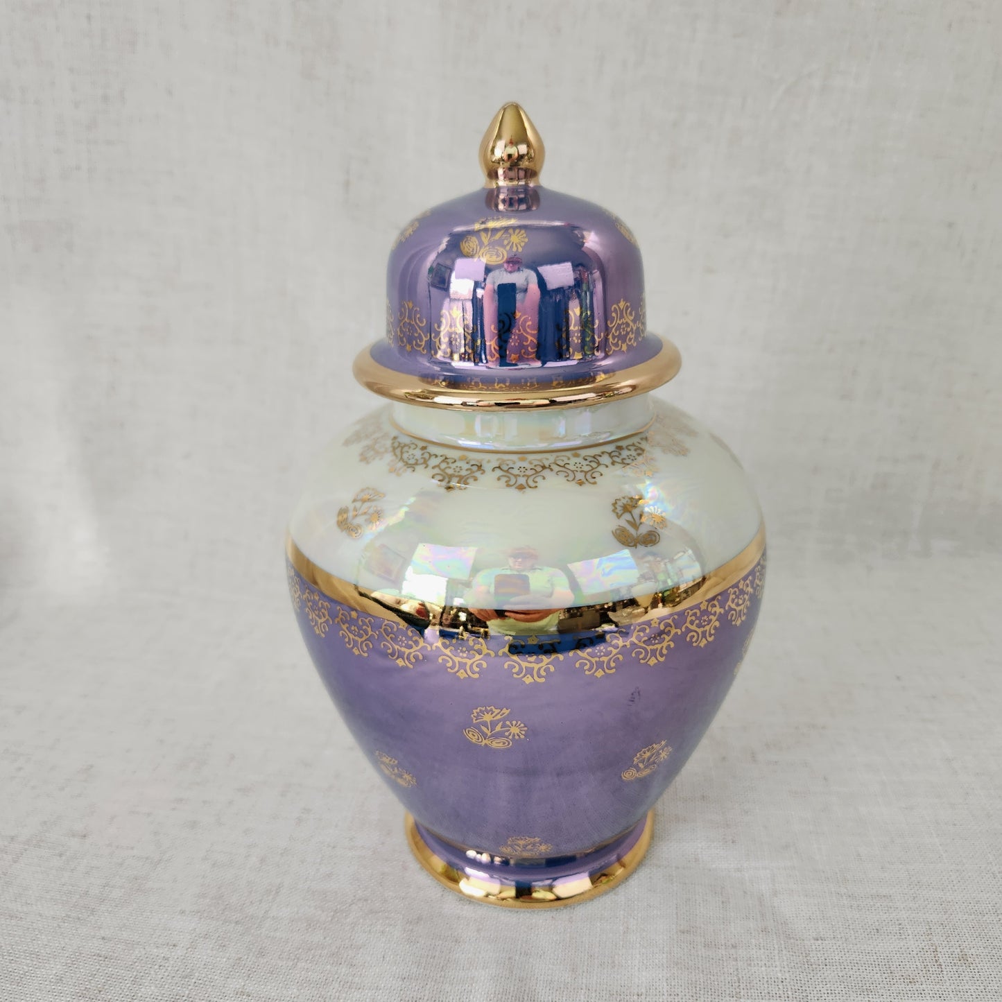 Vintage Kudo Toki Fancy China Ginger Jar | Lavender Lusterware Porcelain Urn with Lid Gold Trim 10.5"
