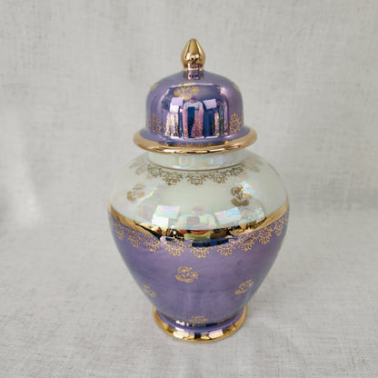 Vintage Kudo Toki Fancy China Ginger Jar | Lavender Lusterware Porcelain Urn with Lid Gold Trim 10.5"