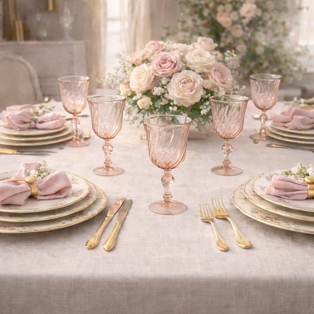 Vintage Blush Pink Swirl Goblets – Set of 6 – Rosaline Style Stemware – Romantic Cottage Table Setting