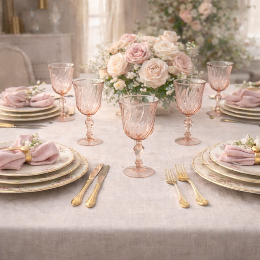 Vintage Blush Pink Swirl Goblets – Set of 6 – Rosaline Style Stemware – Romantic Cottage Table Setting