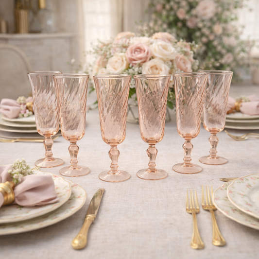 Vintage Blush Pink Swirl Optic Champagne Flutes – Set of 6 – Rosaline Style Stemware – Romantic Table Decor
