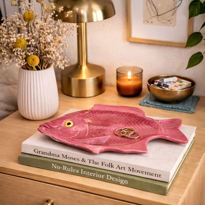 Handmade Ceramic Fish Dish | Vintage Pink Pottery | Signed JD 1990