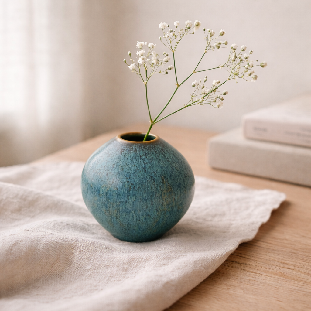 Small Studio Pottery Vase, Blue Green Glaze, Mini Bud Vase, Organic Modern Decor