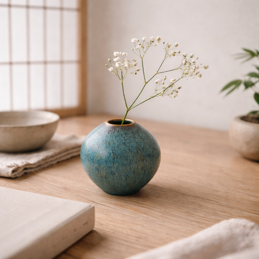 Small Studio Pottery Vase, Blue Green Glaze, Mini Bud Vase, Organic Modern Decor