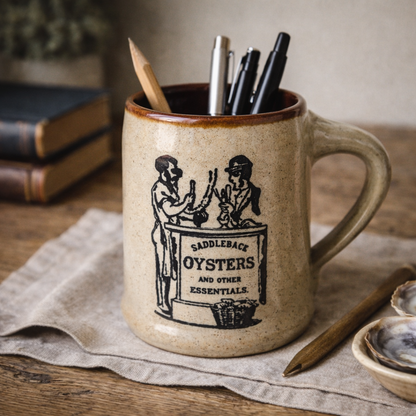 Vintage “Saddleback Oysters” Stoneware Mug | Rustic Coastal Crockery Vessel