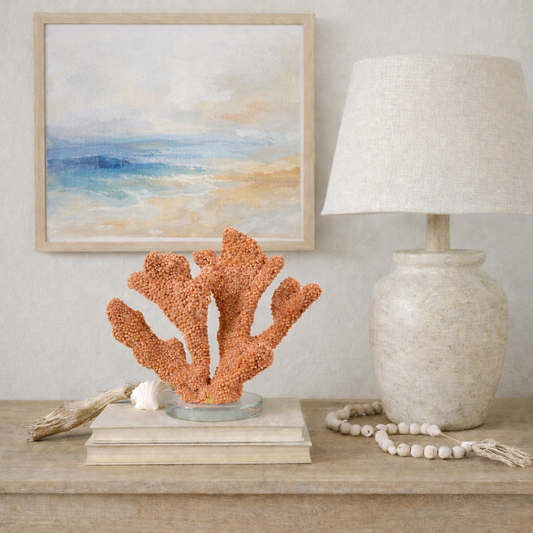 Vintage Style Faux Coral Sculpture on Glass Base | Coastal Cottage Decor | Naturalist Display Accent