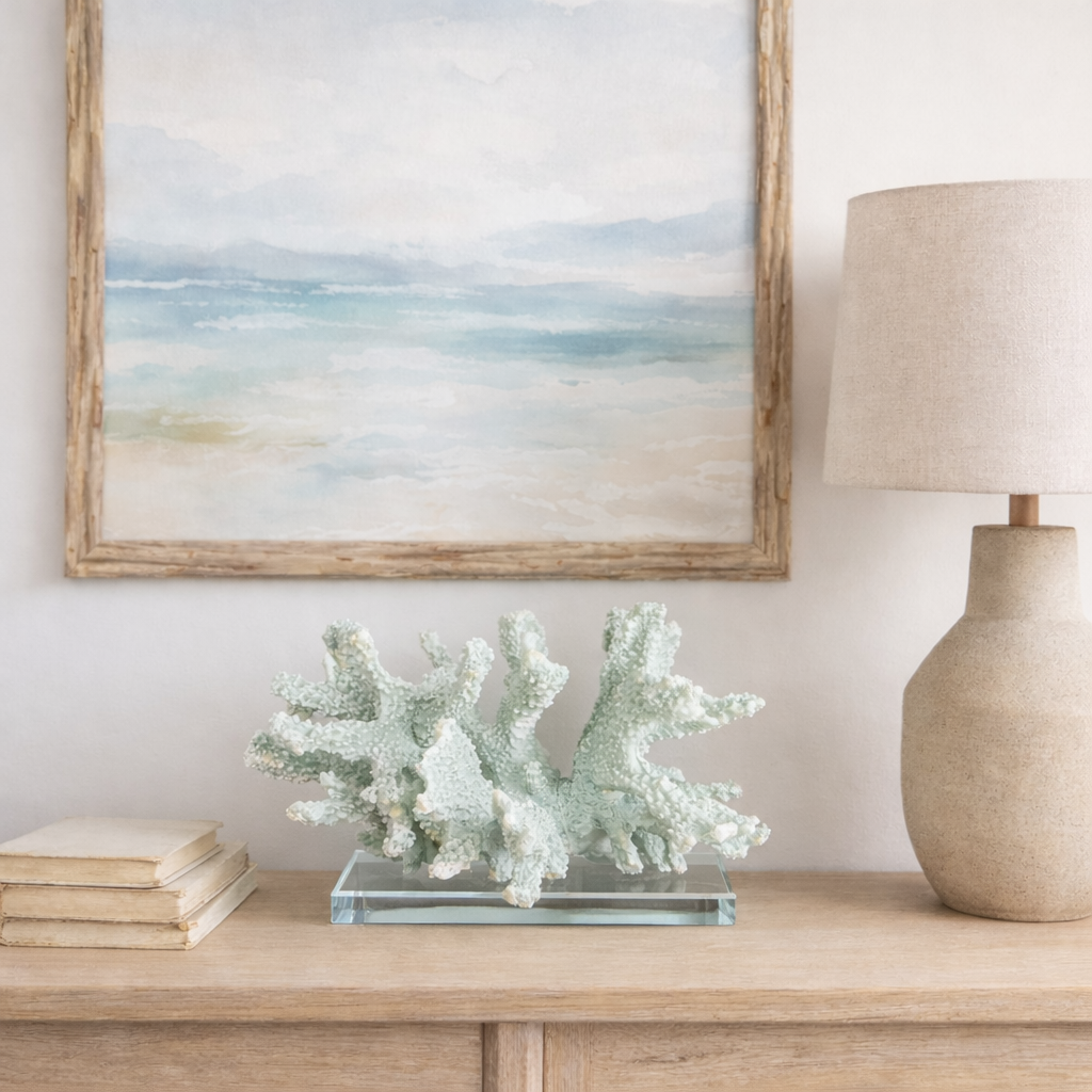Seafoam Faux Coral Sculpture on Glass Base | Coastal Chic Decor