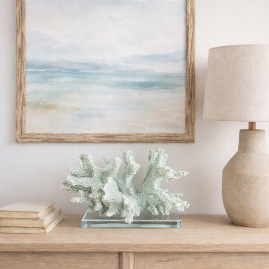 Seafoam Faux Coral Sculpture on Glass Base | Coastal Chic Decor