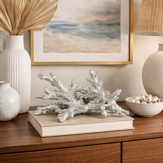 Silver Leaf Faux Coral Sculpture – Mid Century Modern Coastal Decor
