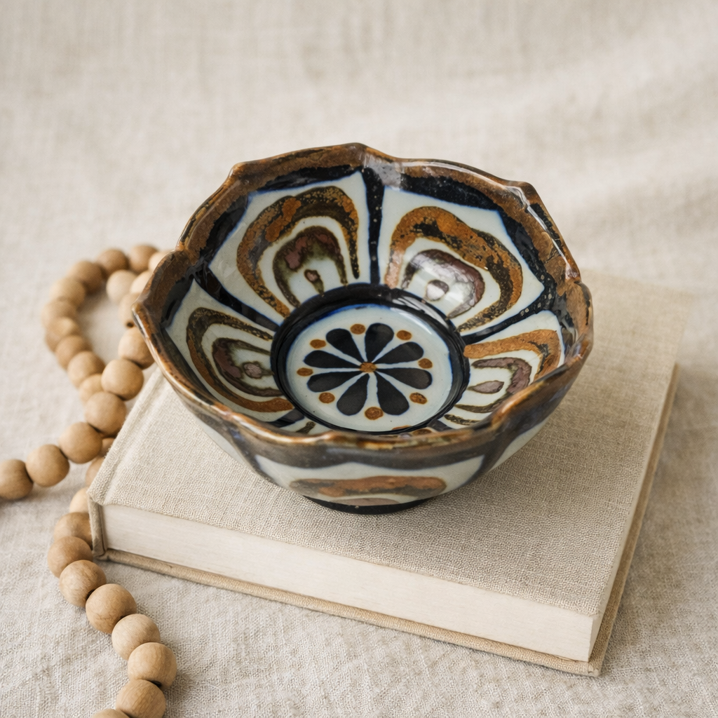 Ken Edwards Mexican Pottery Bowl, Hand Painted Ceramic Catchall, Scalloped Artisan Dish