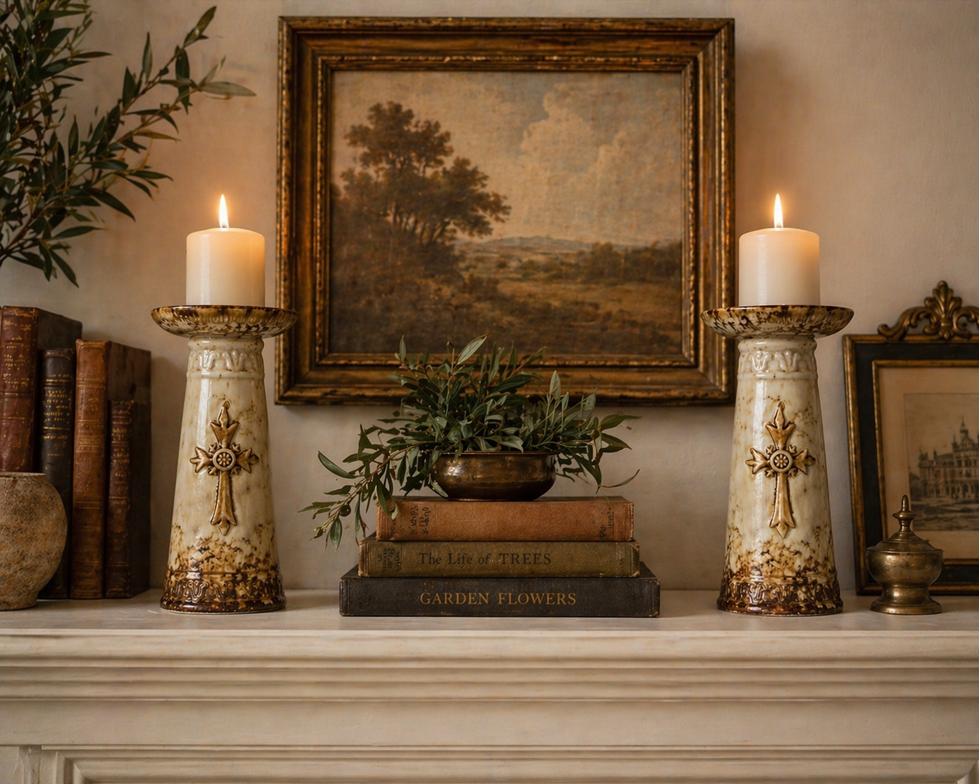 Old World Marble Glaze Ceramic Candlestick Holders with Cross Motif, Vintage Traditional Style Pair