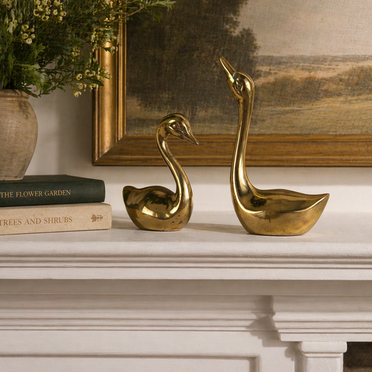 Vintage Solid Brass Swan Figurines Pair – Elegant Mantel Decor, Mid Century Waterfowl Statues