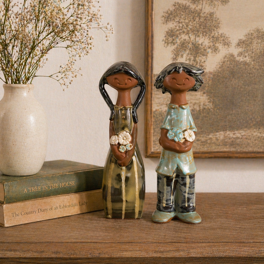 Vintage Made in Japan Boy & Girl Figurines – Mid Century Ceramic Pair, Whimsical Cottage Decor