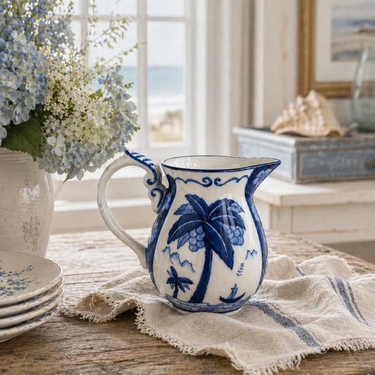 Vintage Blue & White Palm Tree Pitcher | Coastal Cottage Ceramic Jug | Hand Painted Tropical Motif