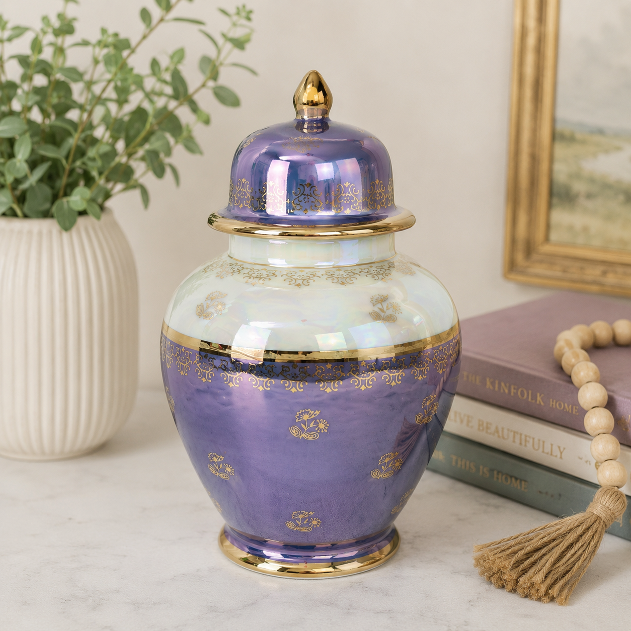 Vintage Kudo Toki Fancy China Ginger Jar | Lavender Lusterware Porcelain Urn with Lid Gold Trim 10.5"