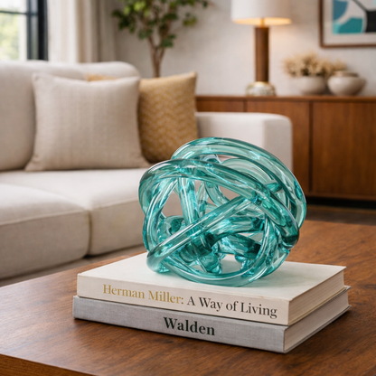Vintage Aqua Glass Knot Sculpture | Mid Century Modern Art Glass Decor