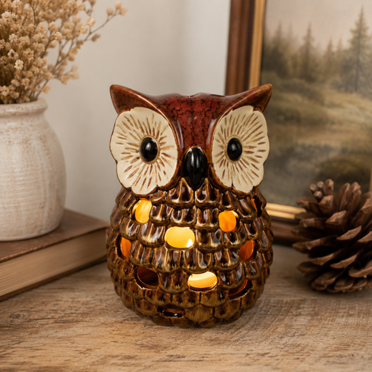 Ceramic Owl Tea Light Lantern Woodland Candle Holder Cottage Decor