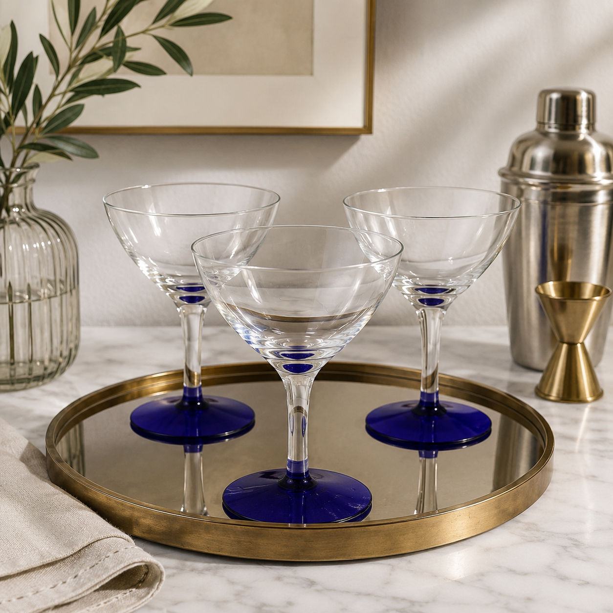 Vintage Cobalt Blue Stem Martini Glasses Set of 3 | Elegant Cocktail Coupe Glasses | Modern Classic Barware