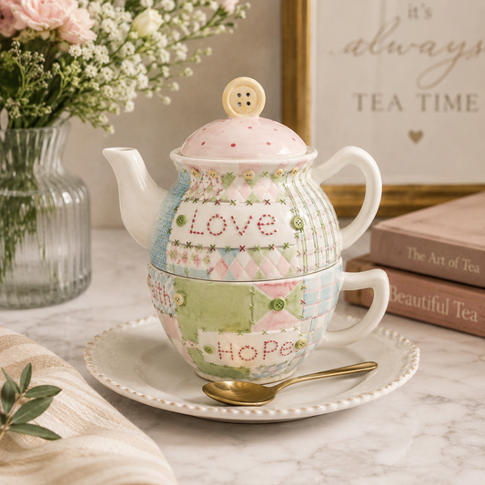 Taryn Reece Stacking Tea for One Set | Patchwork Teapot and Cup | Love & Hope Pastel Ceramic Tea Set