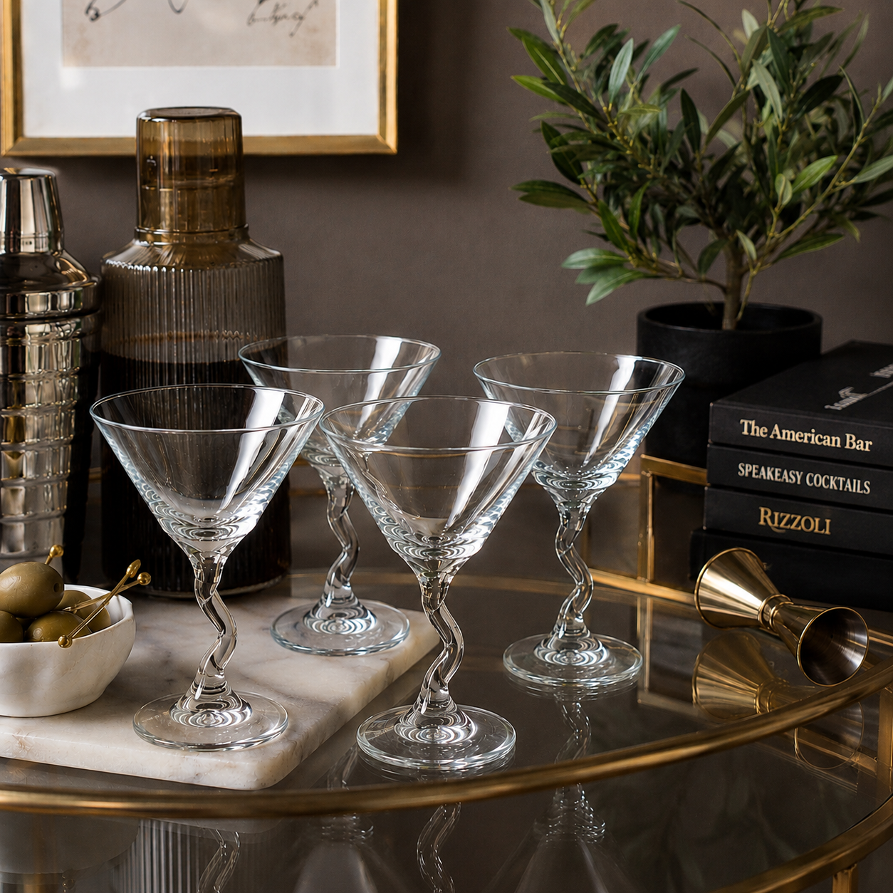 Twisted Stem Martini Glasses Set of 4 | Postmodern Cocktail Glasses | Retro Barware | Sculptural Stemware | Y2K Martini Set