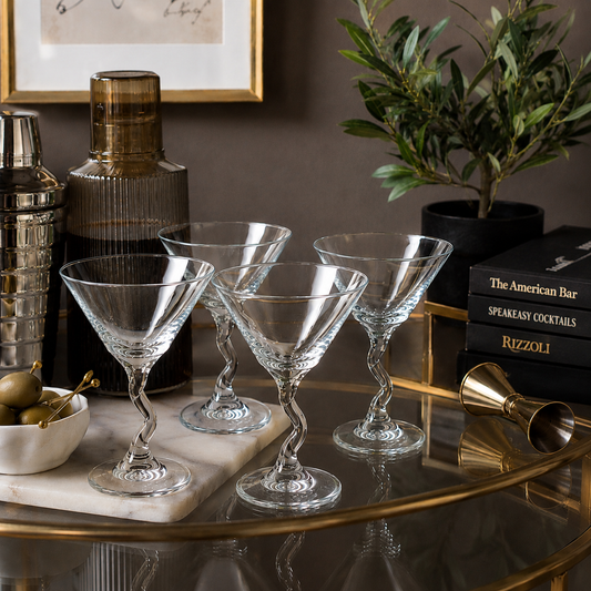 Twisted Stem Martini Glasses Set of 4 | Postmodern Cocktail Glasses | Retro Barware | Sculptural Stemware | Y2K Martini Set