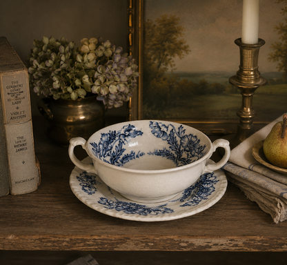 Antique Grindley England Blue Floral Transferware Cream Soup Bowl with Underplate