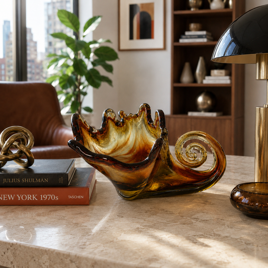 Vintage Amber Hand Blown Art Glass Centerpiece Bowl | Sculptural Organic Modern 1970s Decor