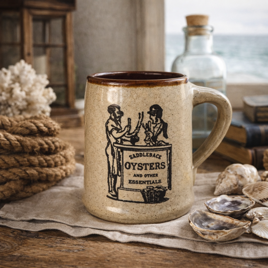 Vintage “Saddleback Oysters” Stoneware Mug | Rustic Coastal Crockery Vessel