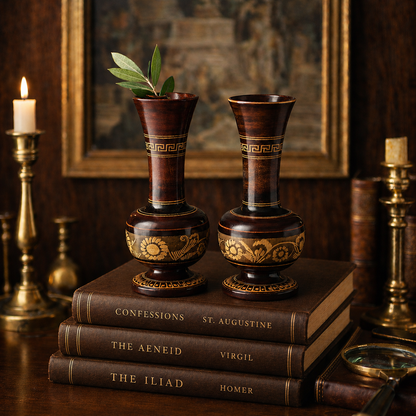 Pair of Neoclassical Wooden Vases, Greek Key Motif, Decorative Wood Urns, Traditional Home Decor