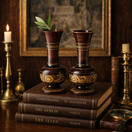 Pair of Neoclassical Wooden Vases, Greek Key Motif, Decorative Wood Urns, Traditional Home Decor
