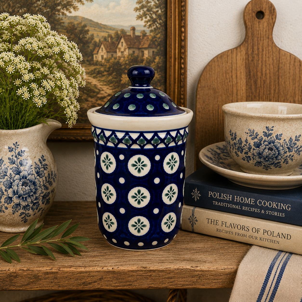Vintage Bolesławiec Polish Pottery Canister with Lid | Handmade in Poland Blue & White Floral Stoneware Jar