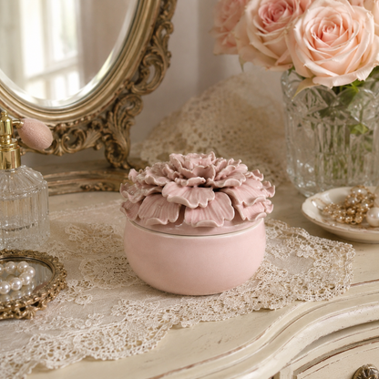 Vintage Blush Pink Rose Lidded Ceramic Trinket Box