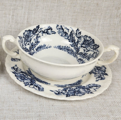 Antique Grindley England Blue Floral Transferware Cream Soup Bowl with Underplate